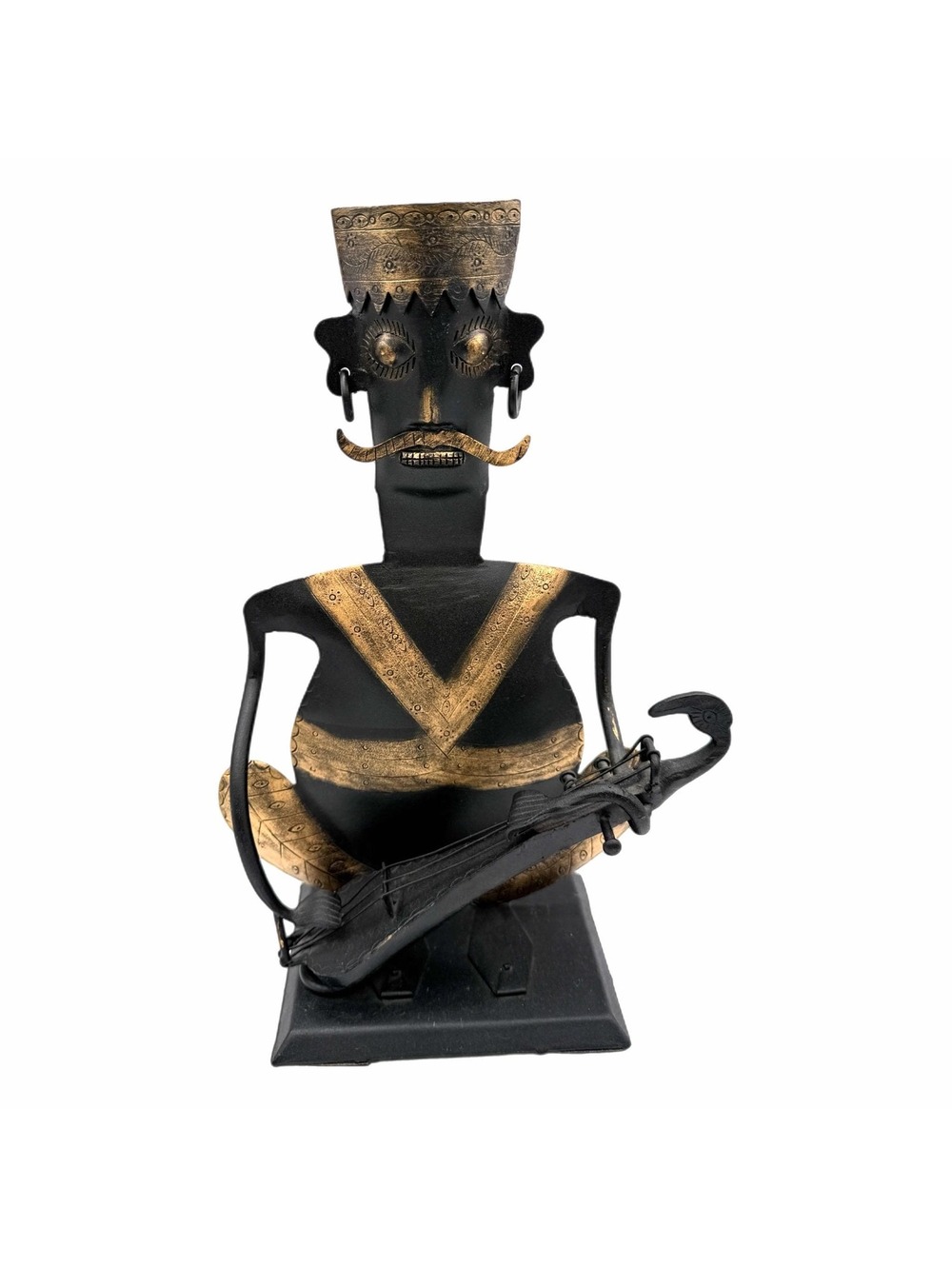 14” Tribal Man Musician Playing Stringed Instrument Metal Statue / Door Stopper